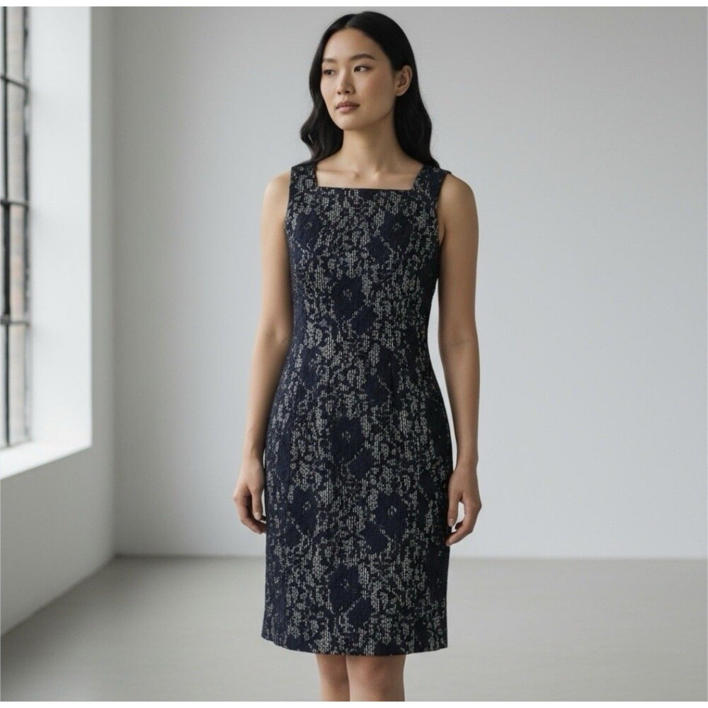 NWT Etcetera Navy Blue Floral Lace Gingham Sleeveless Sheath Dress Size 2 $295